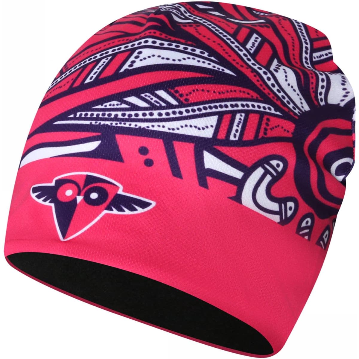 A pink beanie with a vibrant graphic design featuring abstract patterns and a logo.