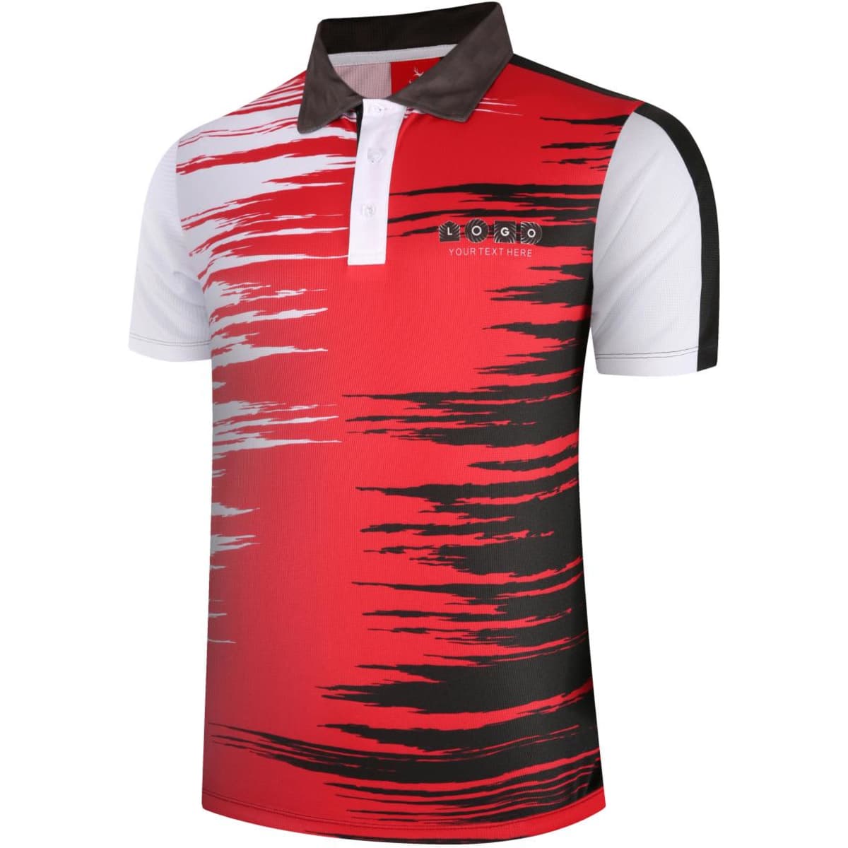 A red and black polo shirt with a dynamic pattern and a contrasting collar. Features a logo on the front.