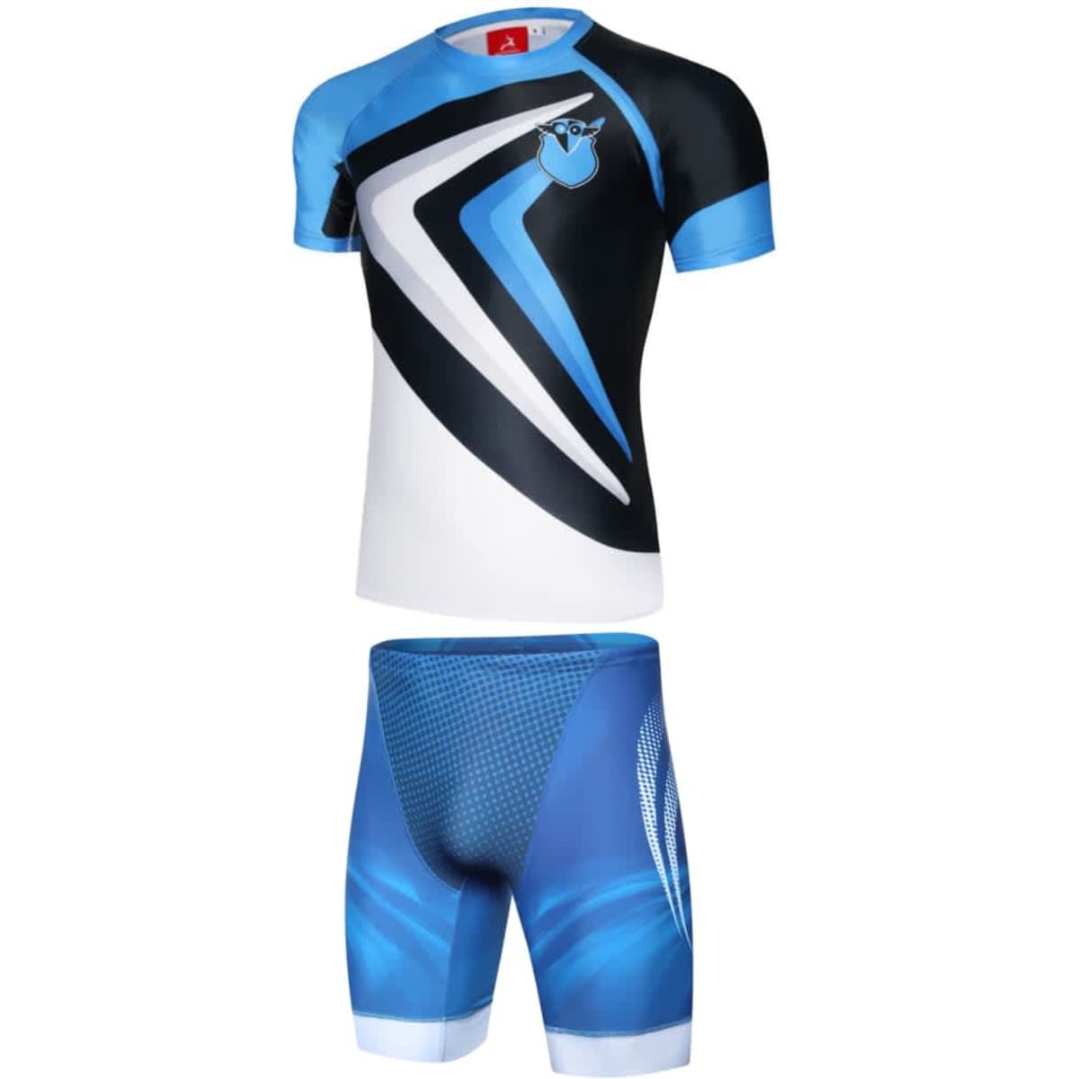 A sports uniform featuring a black, white, and blue design, including a short-sleeve top and matching shorts with a branding logo.