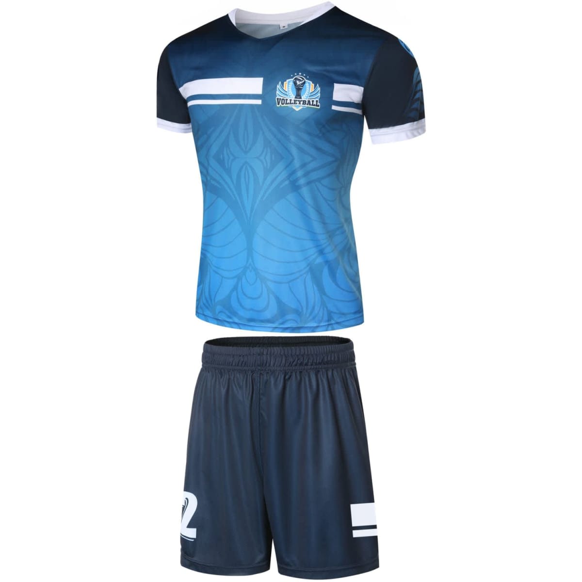 A blue and navy volleyball uniform featuring a patterned jersey and matching shorts, with a logo on the shirt.