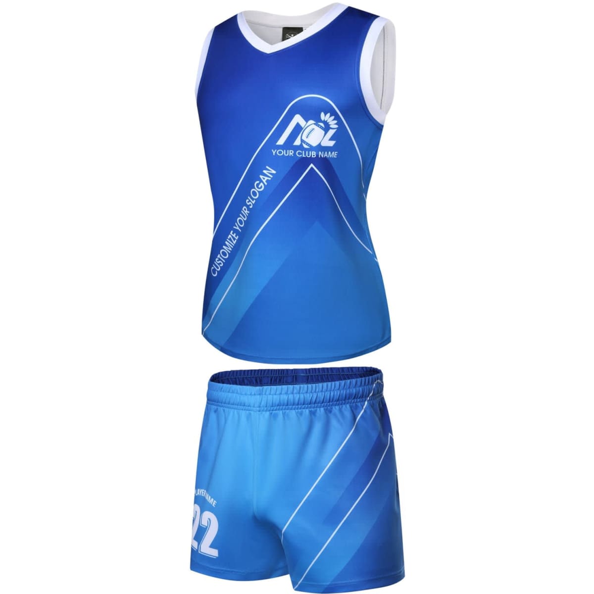 A blue sports uniform featuring a sleeveless jersey and matching shorts, with a logo included.