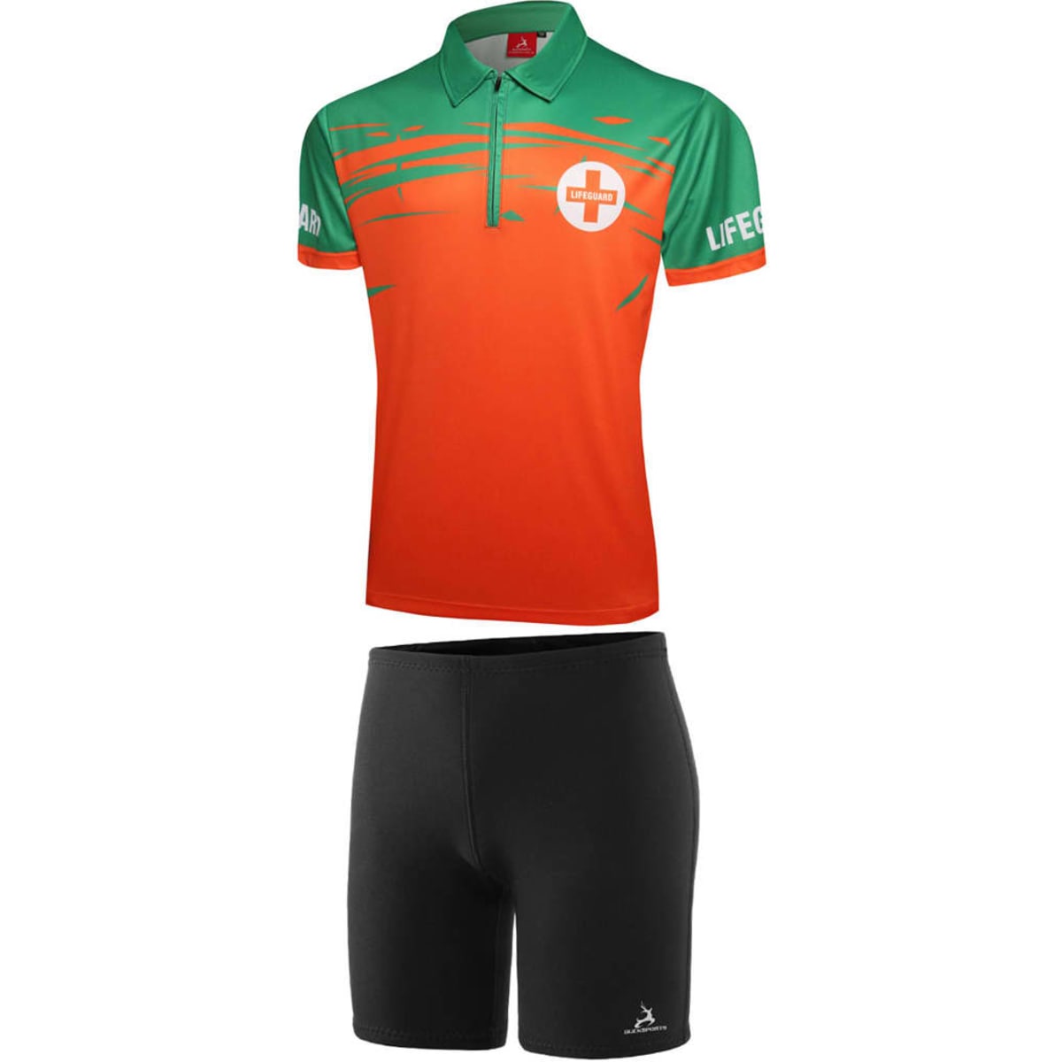 A vibrant orange and green quarter zip lifeguard uniform with matching black shorts, featuring a logo.