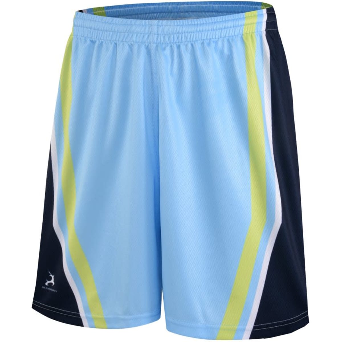 Light blue and navy soccer shorts with green and white stripes, featuring a logo on the lower left side.