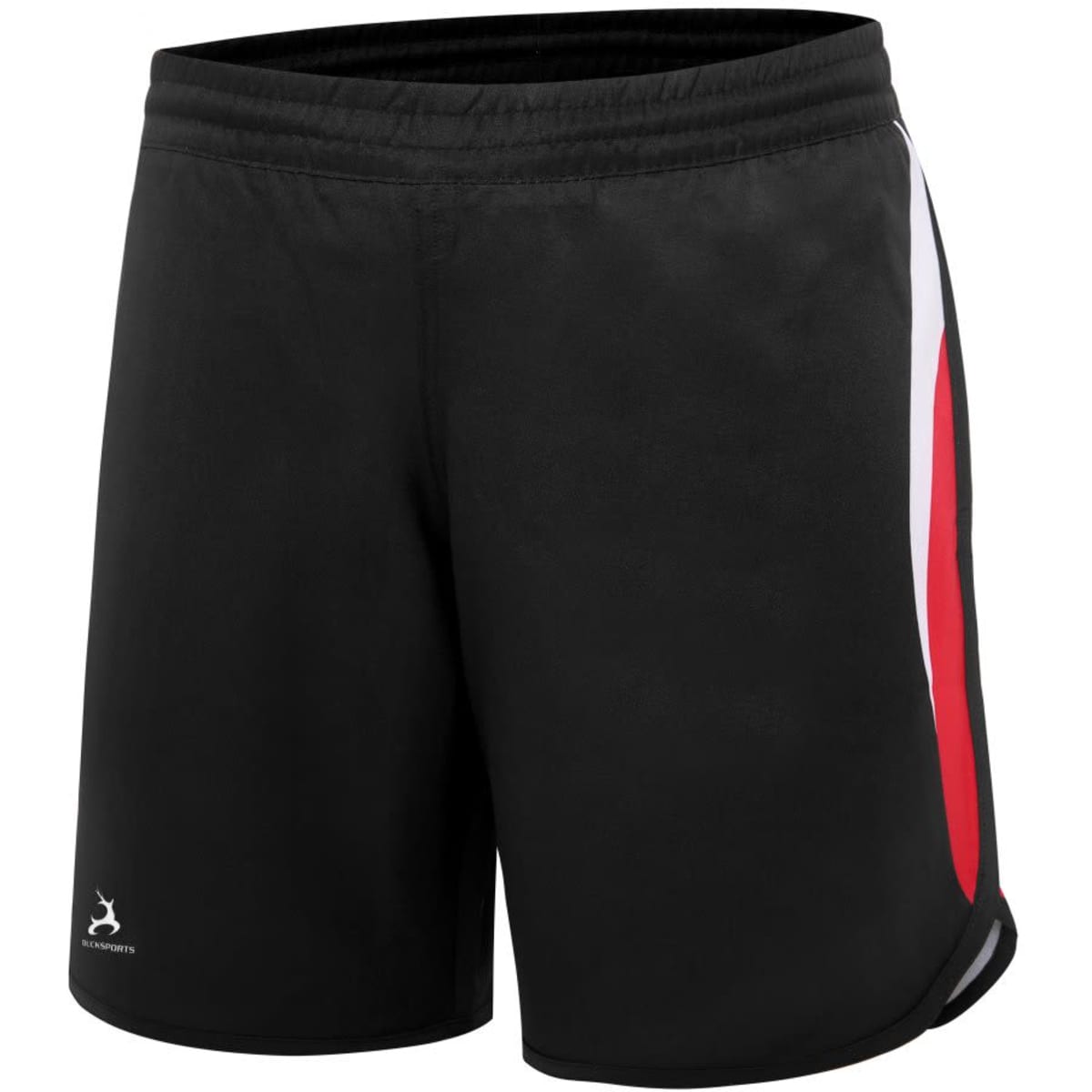 Woven long shorts in black with a red and white design, featuring an emblem on the lower leg.
