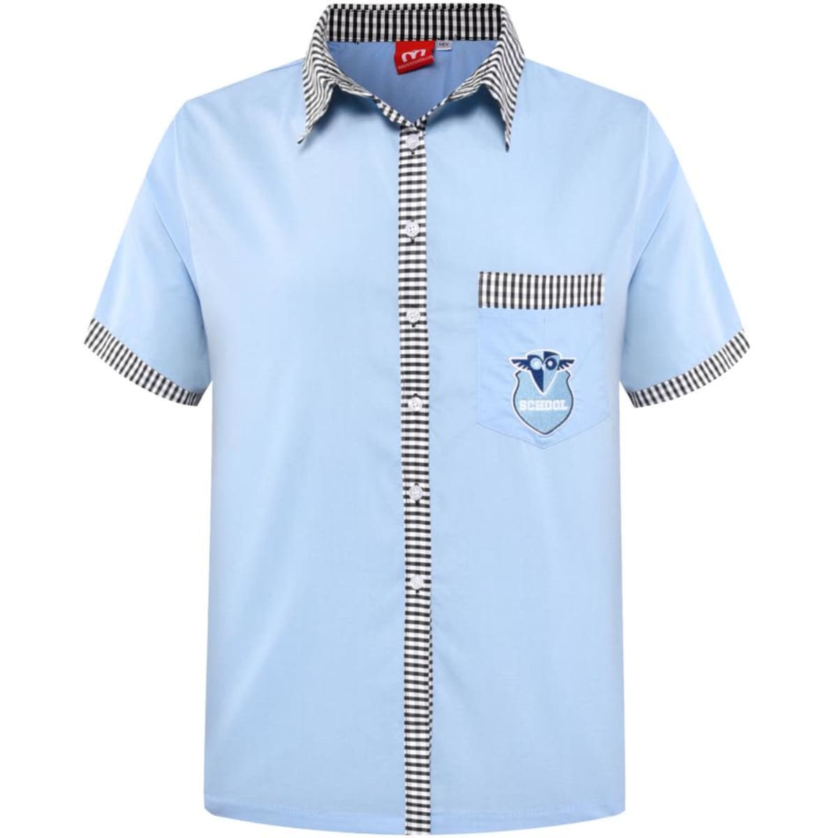 A short-sleeved blue school shirt featuring a checkered collar and pocket, with a logo on the pocket.