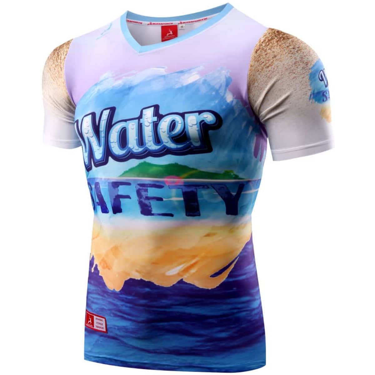 A short-sleeved tee featuring vibrant blues, sandy accents, and a design focused on water safety. It includes a logo.