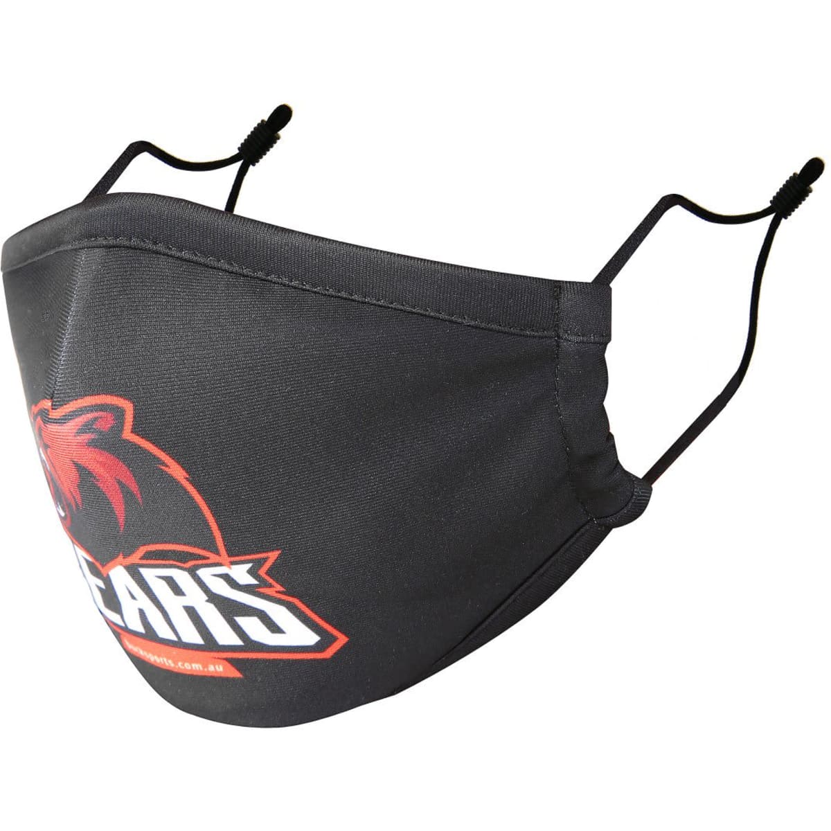 A black face mask with a filter pocket, featuring a logo on one side and adjustable ear straps.