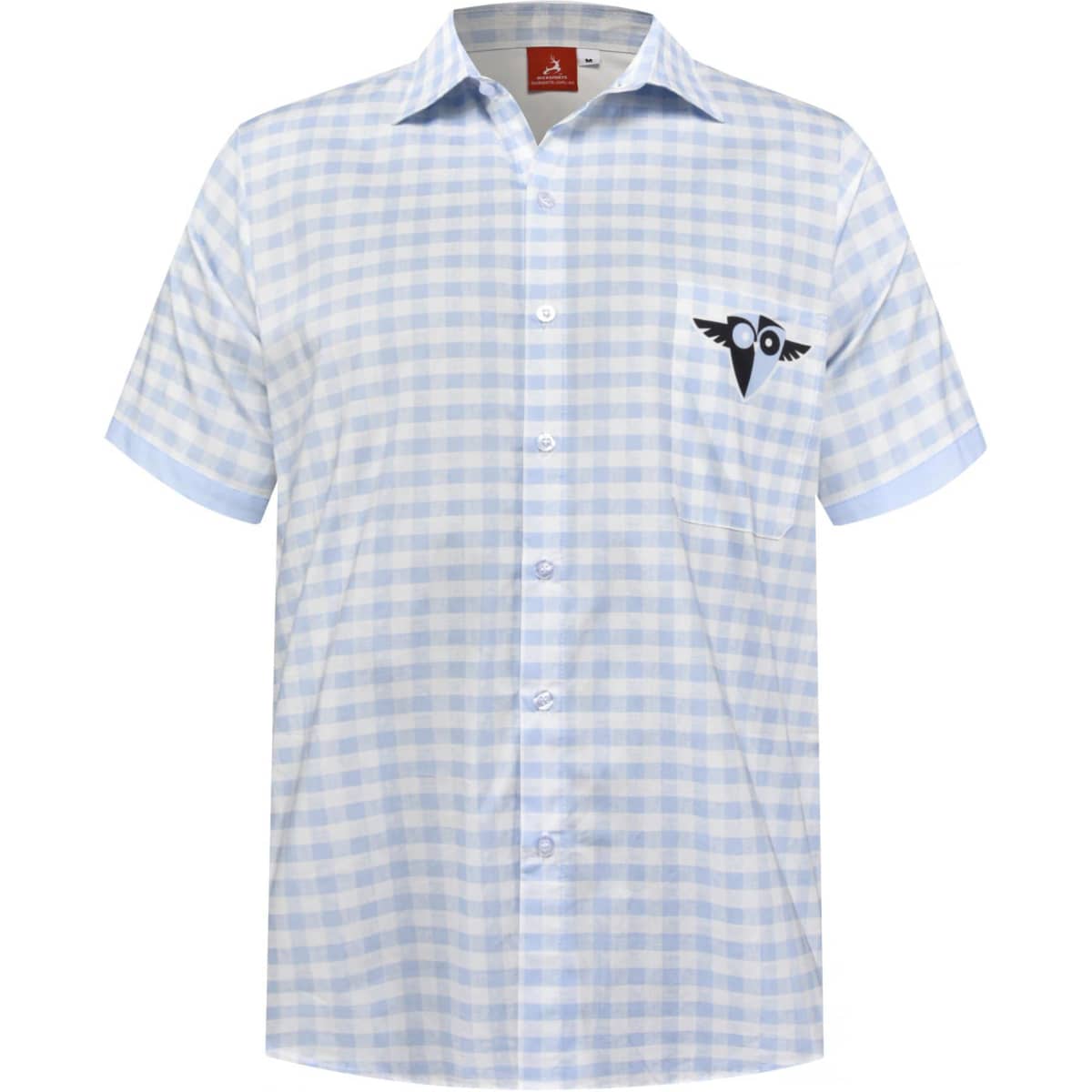 A light blue checked school wear shirt with a black logo on the pocket area.