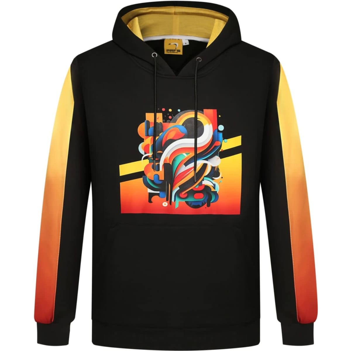 A black hoodie featuring a vibrant graphic design, with yellow and orange sleeves and a logo on the front.