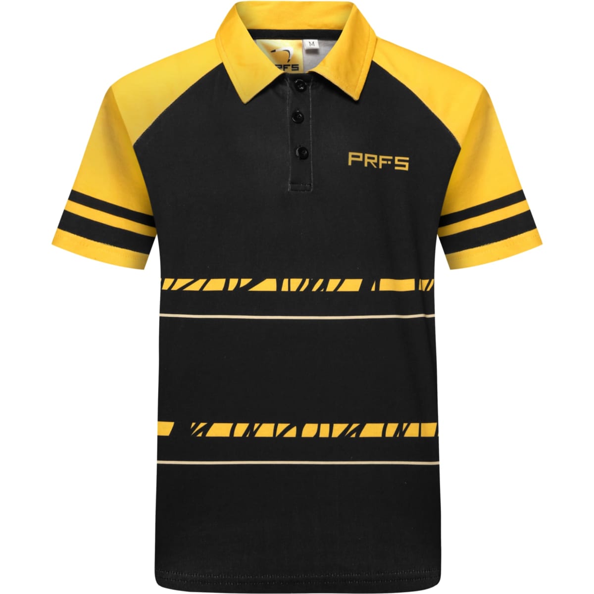 A black and yellow cotton Hawaiian shirt with stripes and a logo on the chest, featuring a classic polo design.