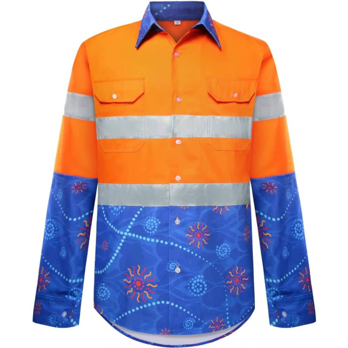A brightly coloured Hawaiian shirt featuring orange upper panels and blue patterned lower sections with reflective stripes.