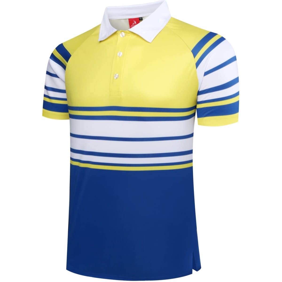 A polo shirt featuring interlock fabric in bright yellow, white, and blue with horizontal stripes and a collar.