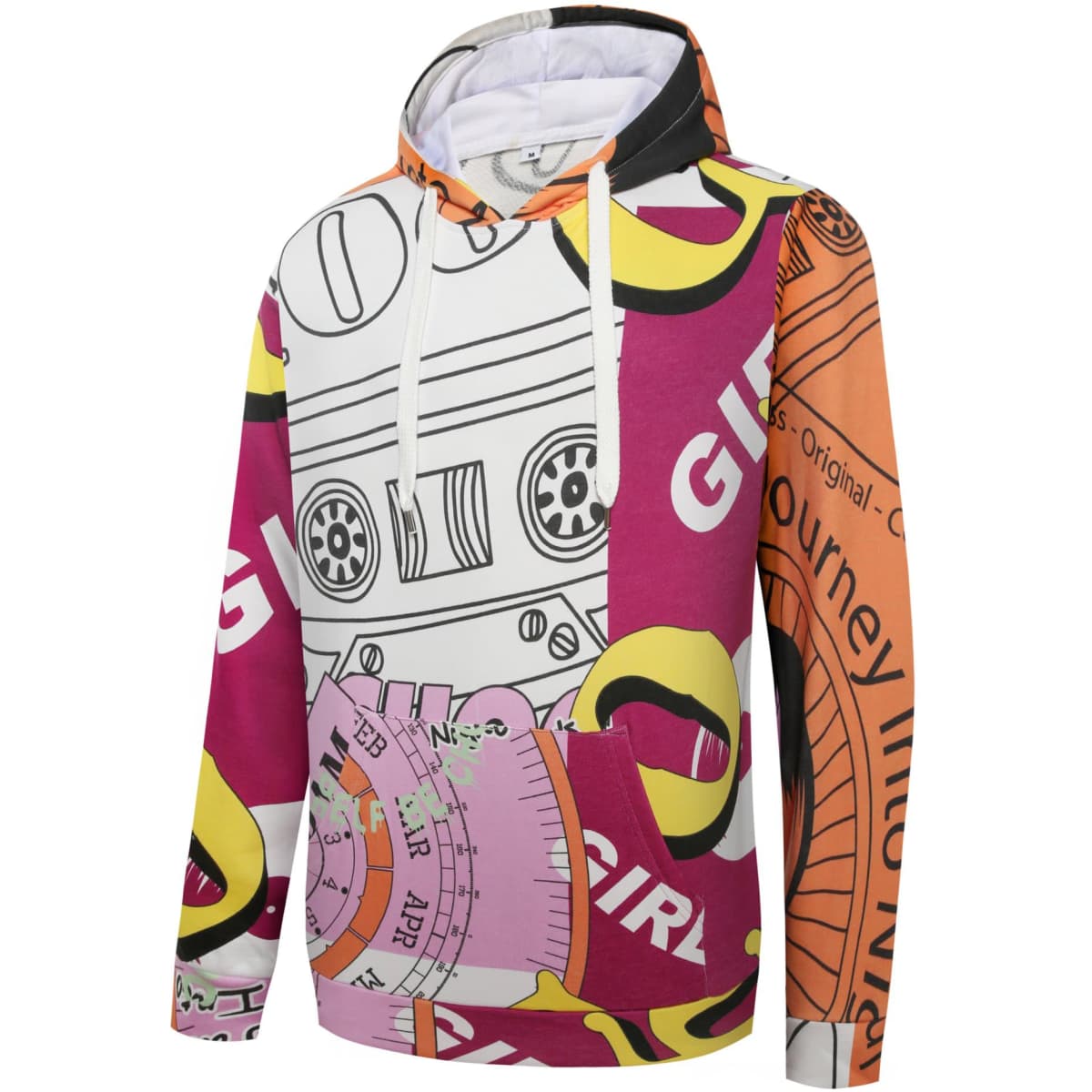 A multicoloured hoodie featuring various graphic prints, including a cassette tape and bold text, with a hood and drawstrings.