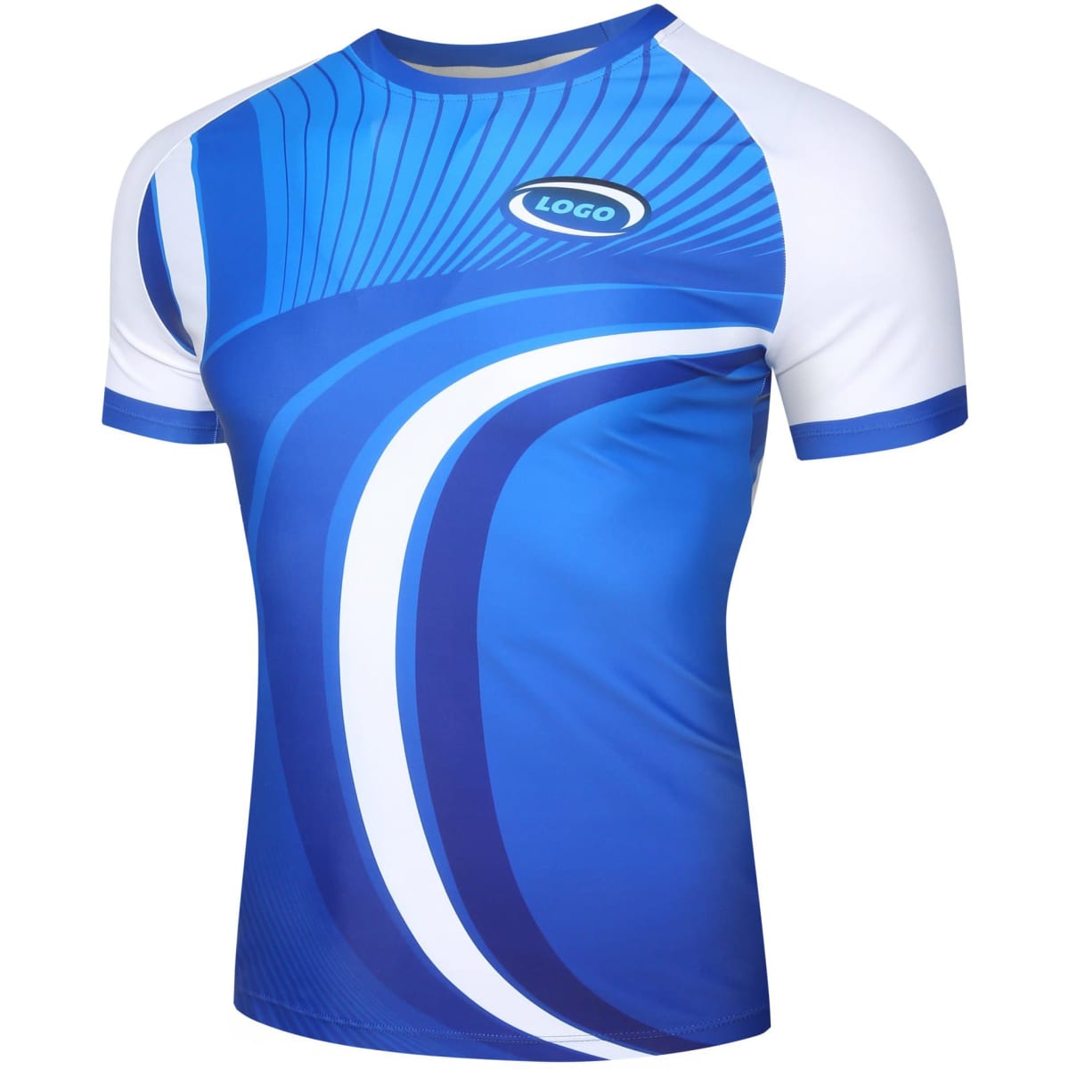 A fitted blue T-shirt with white accents and a logo, featuring a dynamic wave pattern.