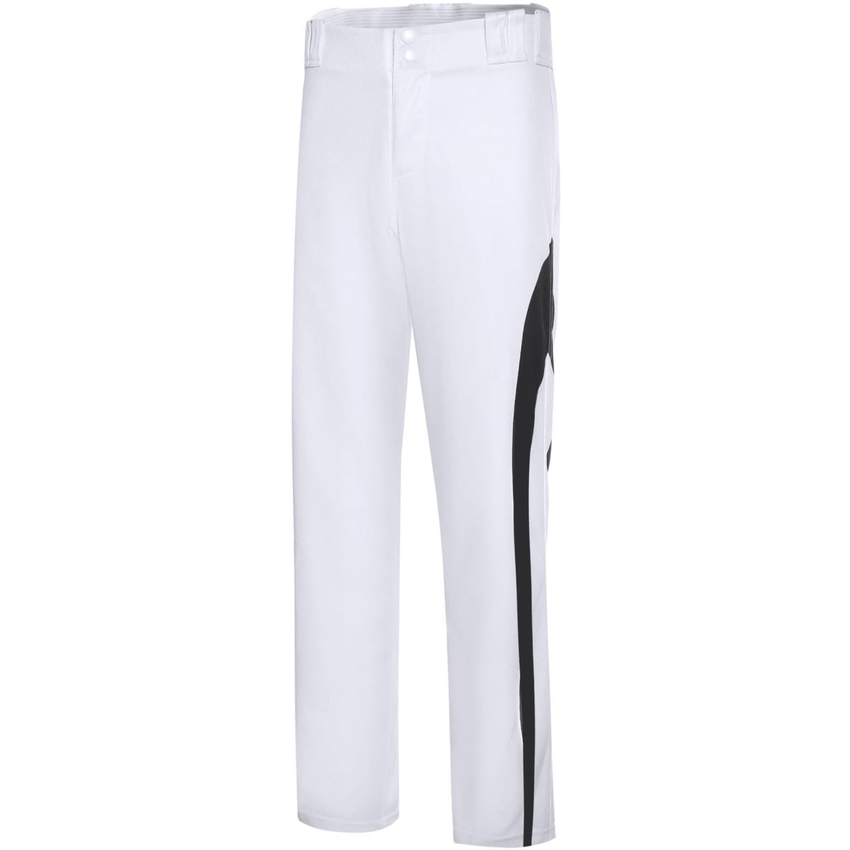 White baseball training pants with a black side stripe. The pants feature a branding logo on the waistband.