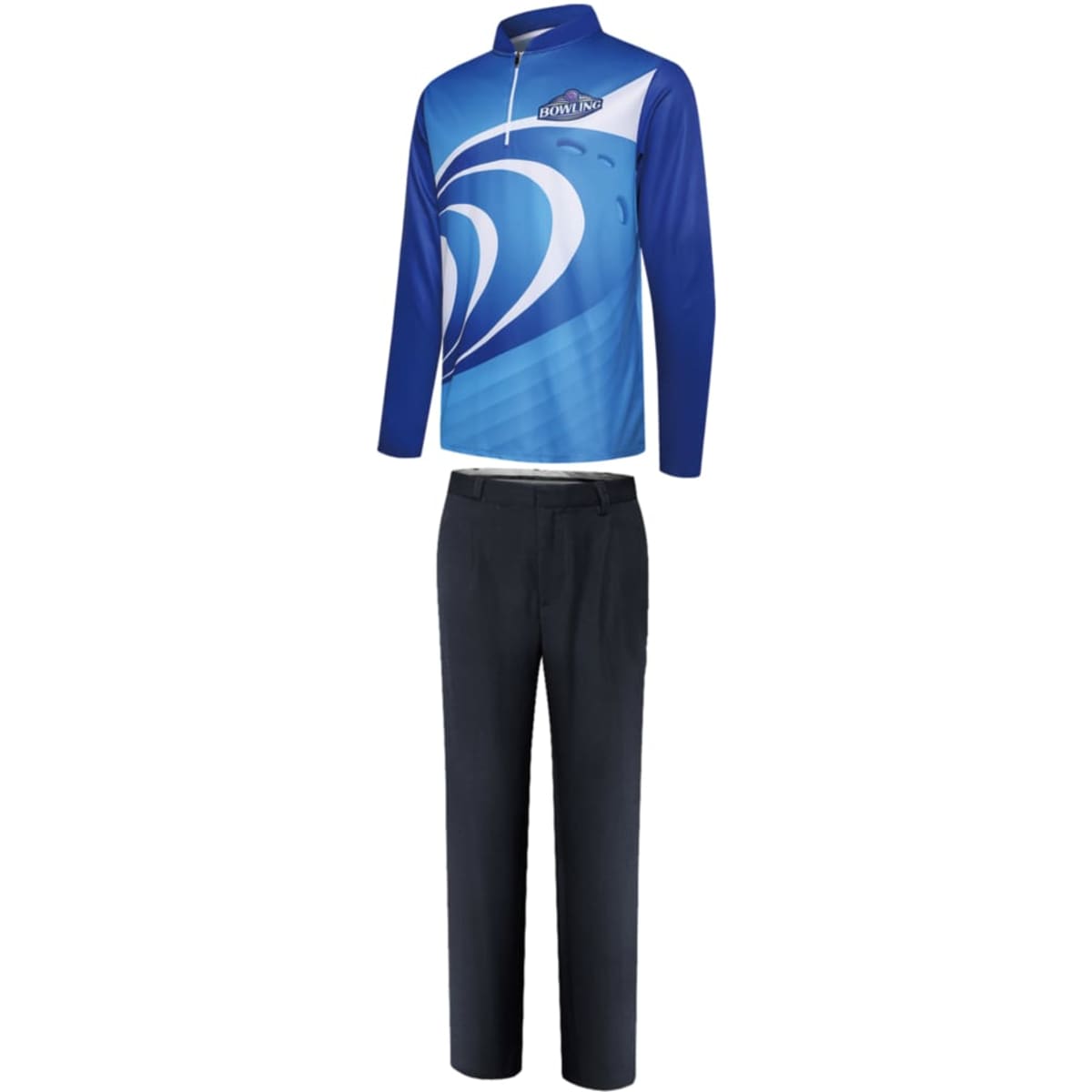 A blue and white lawn bowling uniform featuring a long-sleeve top and black trousers, with a logo on the top.