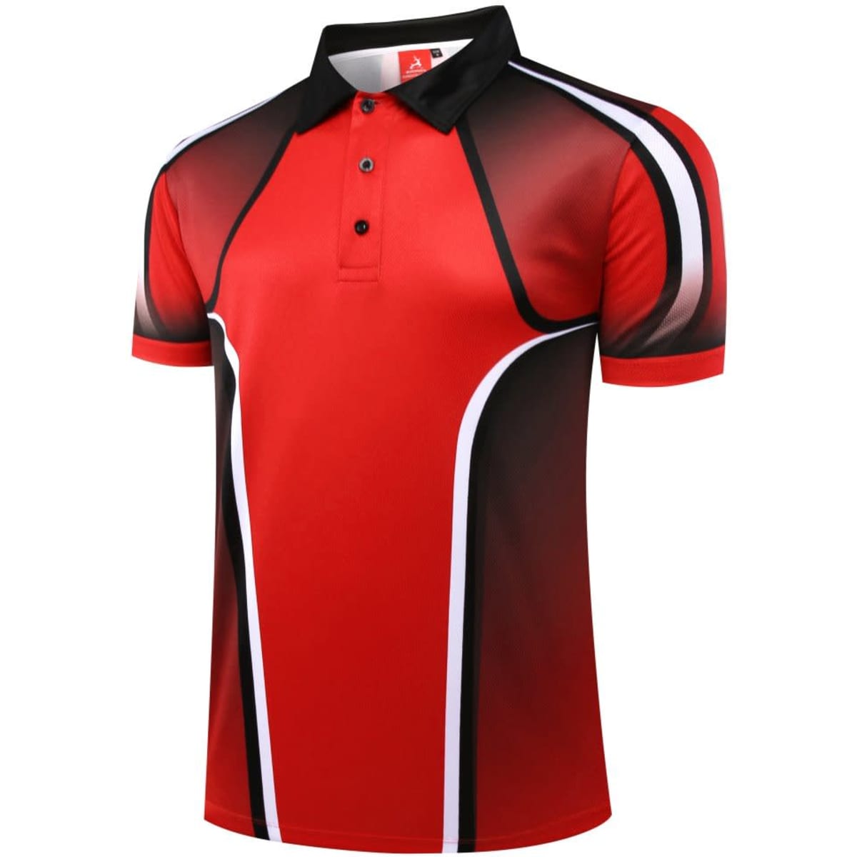 A red and black customised polo shirt with contrasting white accents and a collar. It features a logo on the neck.