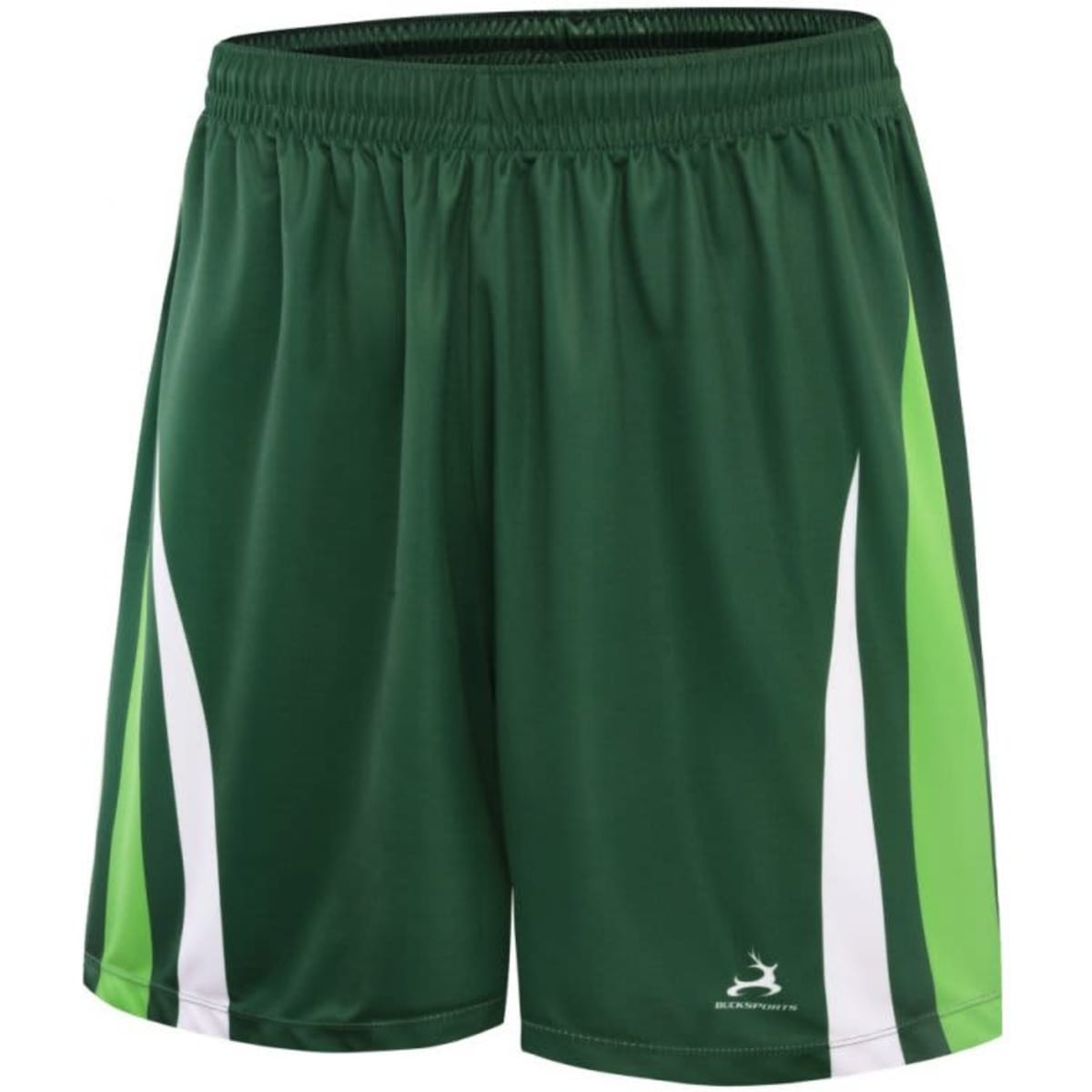 Green sports shorts with white and light green stripes, featuring a logo on the left side.