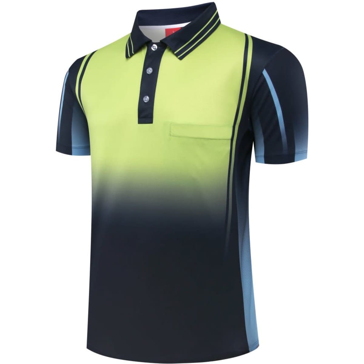 A short-sleeved polo shirt featuring a gradient design from bright green to dark blue, with a chest pocket and branding.