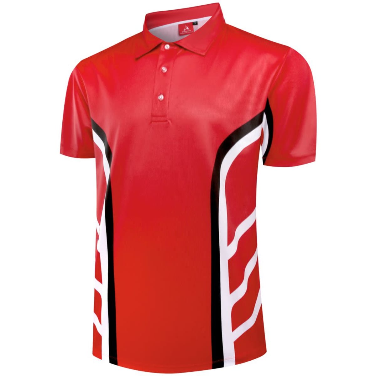 A red polo shirt with a white and black design. It has a collar and buttons. Includes a logo.
