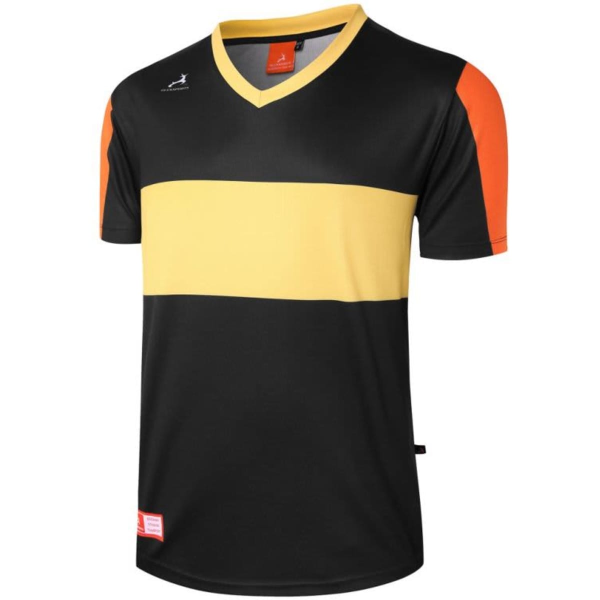 A black, yellow, and orange V-neck tee with a logo. The shirt features horizontal stripes in bold colours.