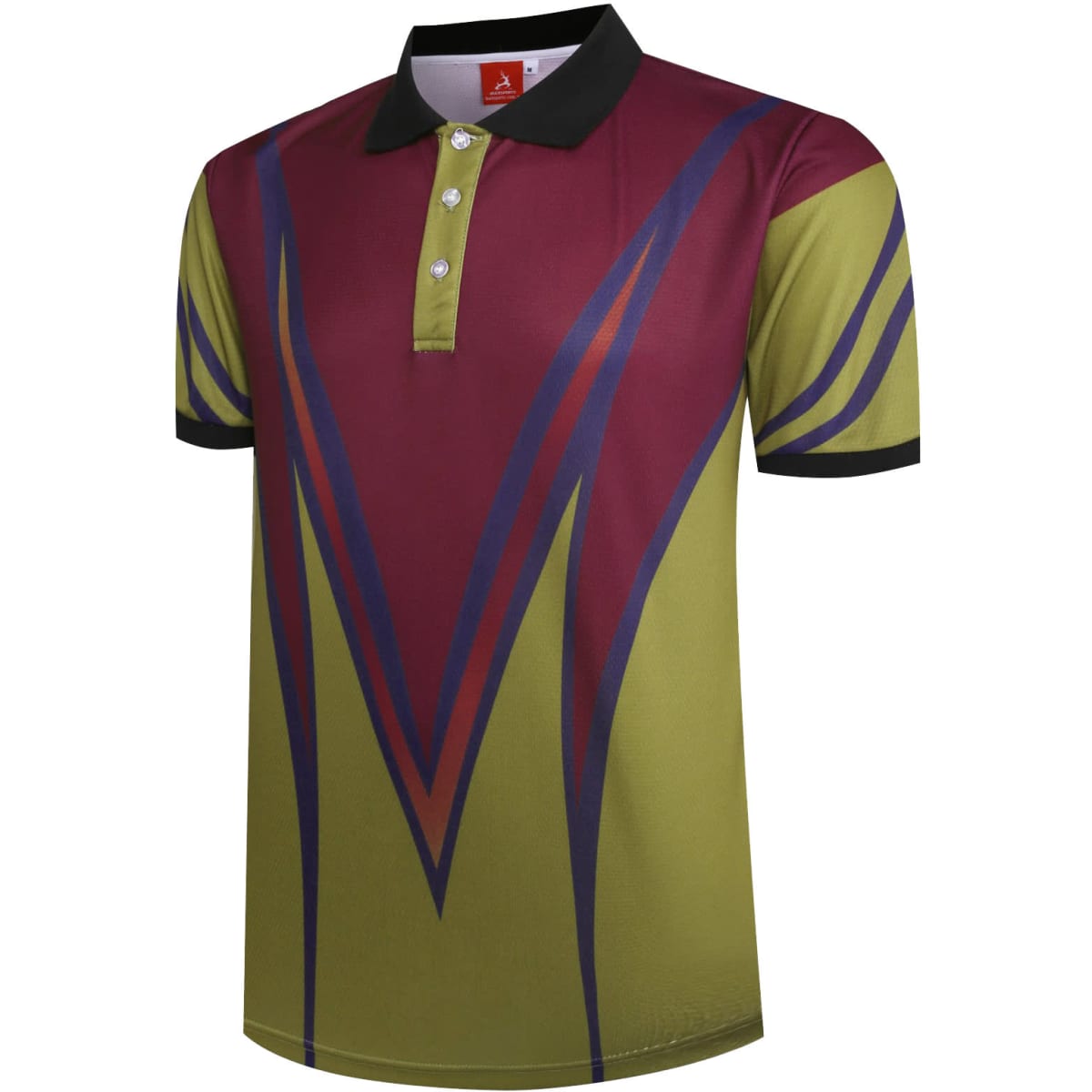 A polo shirt featuring a vibrant design with green and maroon colours, and a branded label at the collar.
