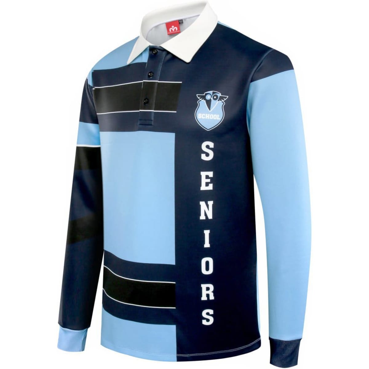 A navy and light blue polo shirt featuring a logo and bold stripes, designed for school leavers.