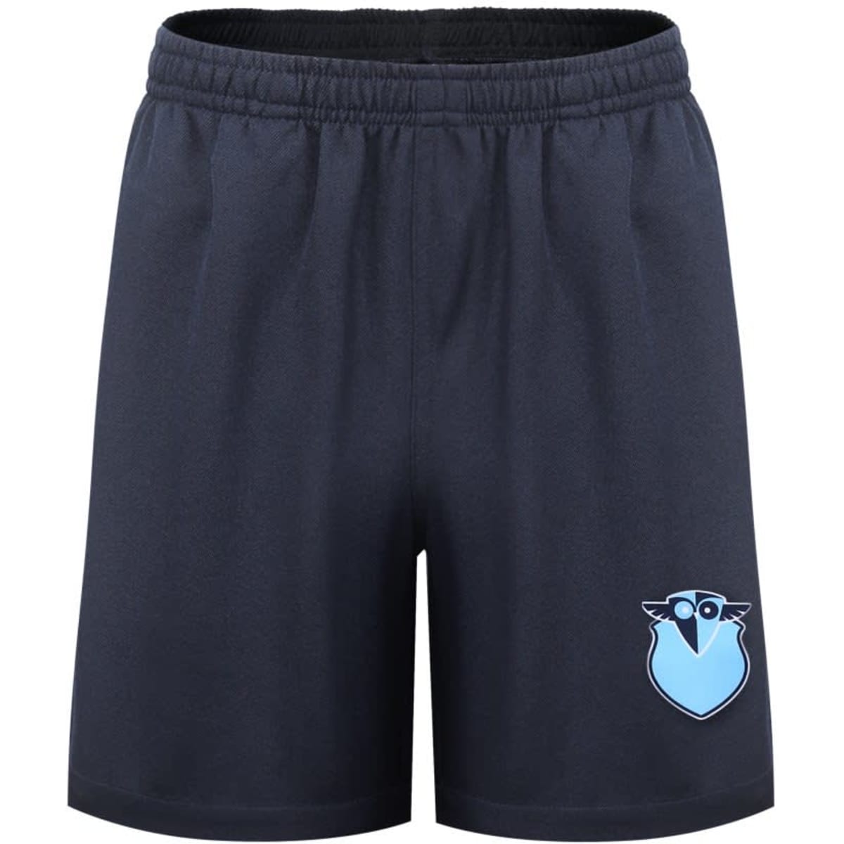 Blue and black shorts featuring an emblem on the side. The fabric appears lightweight and comfortable.