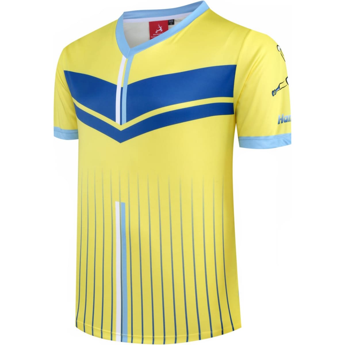 A yellow and blue handball jersey with a V-neck, featuring a distinctive design and a logo.