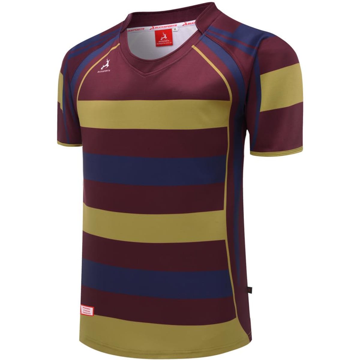 A rugby tee in maroon and green stripes, featuring a sporty design and a logo. Suitable for player fit.