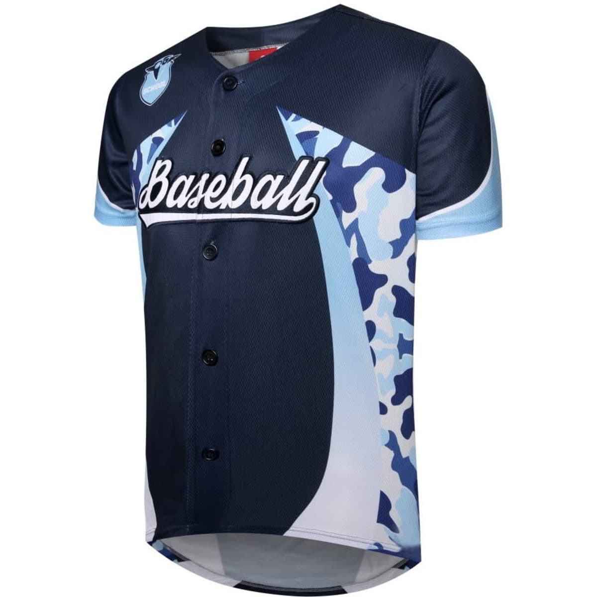 A baseball vest in navy blue and light blue with a camo design and a logo on the shoulder.