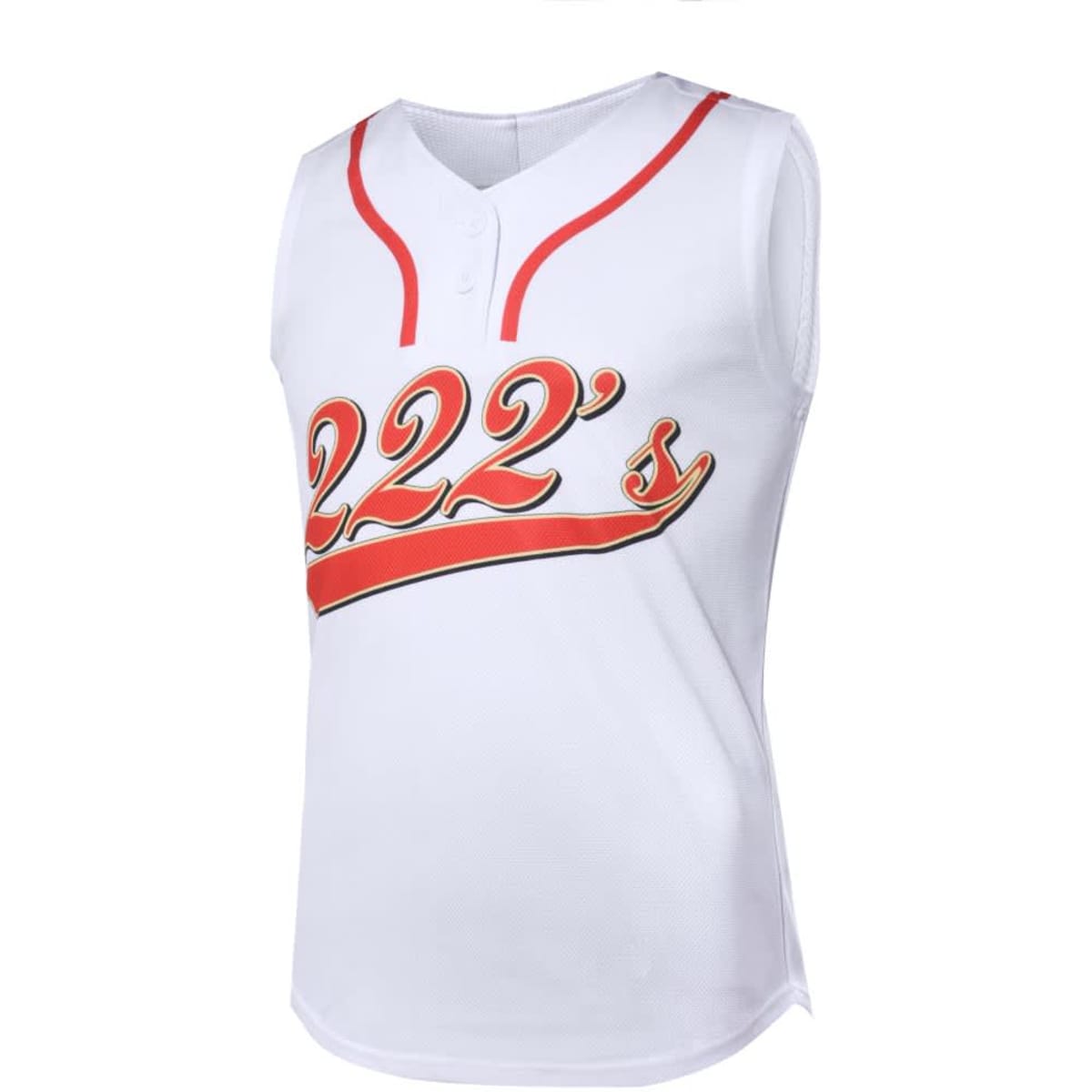 A sleeveless baseball singlet in white with red accents and a logo on the front.