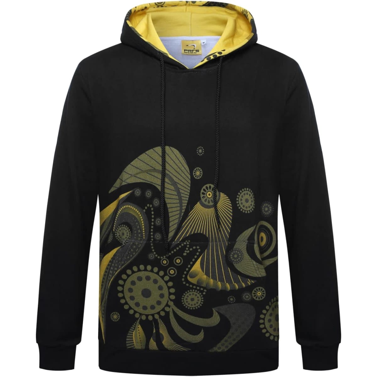 A black hoodie featuring a vibrant yellow and green abstract design, with a contrasting yellow inner hood.
