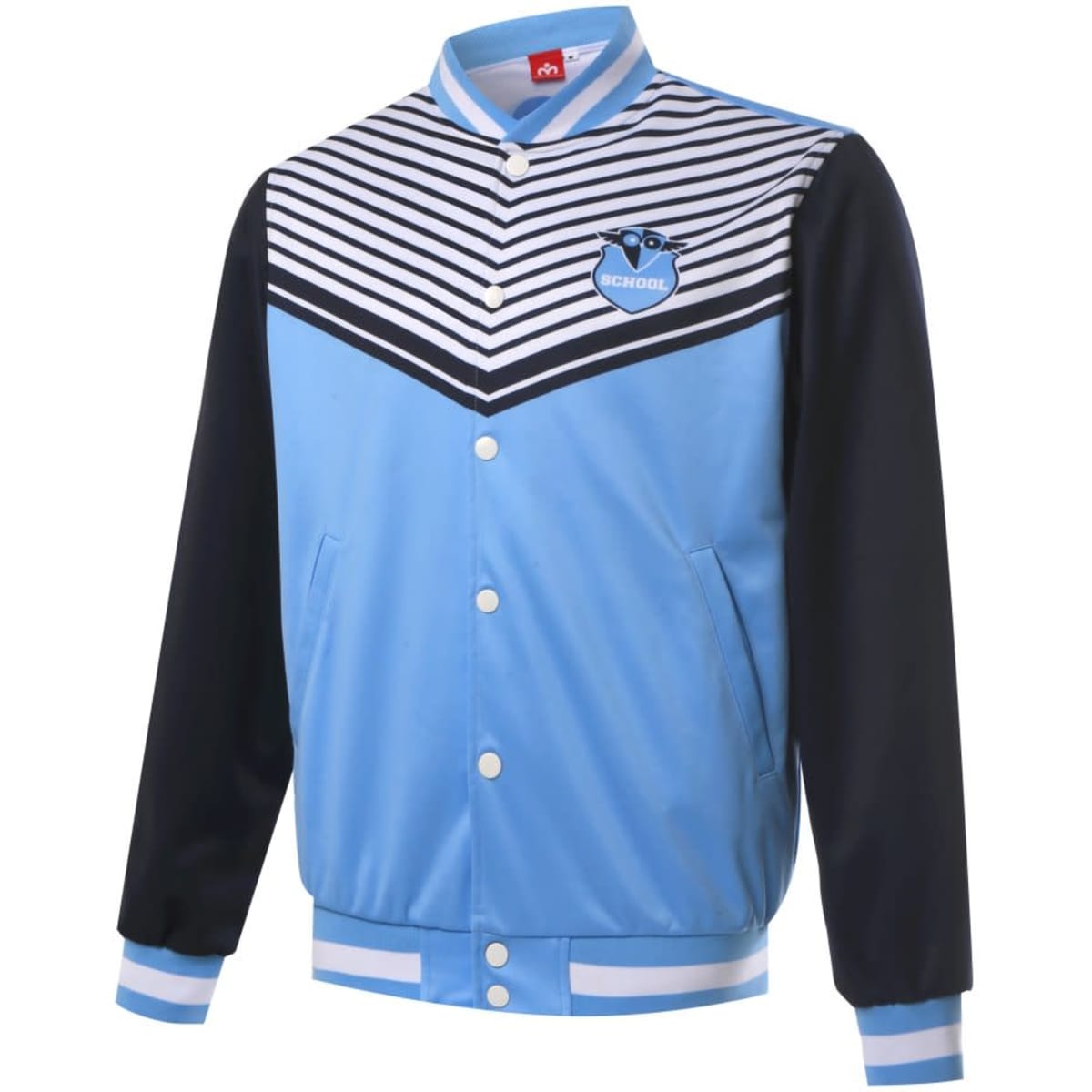 A light blue sports jumper with black sleeves and a logo. Features horizontal stripes and a button-up front.