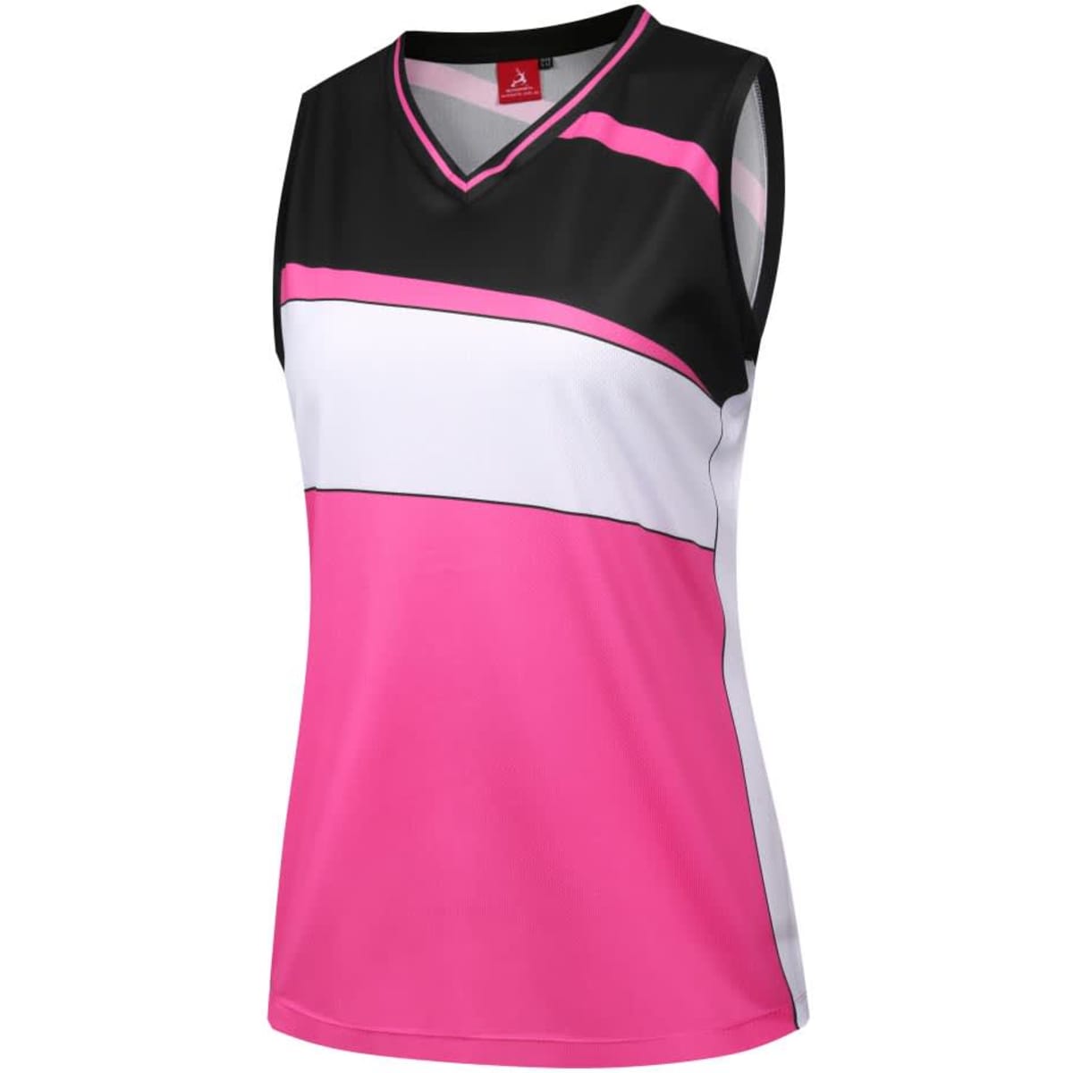 A sleeveless basketball vest featuring black, white, and vibrant pink panels, with a logo on the collar.