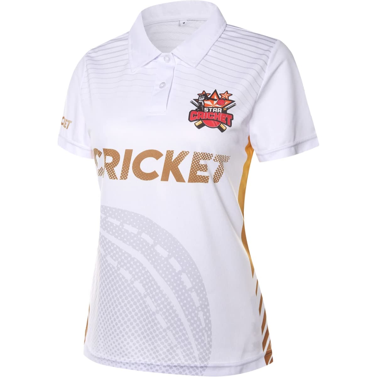 A white women's cricket uniform top featuring a logo and gold detailing on the collar and sleeves.