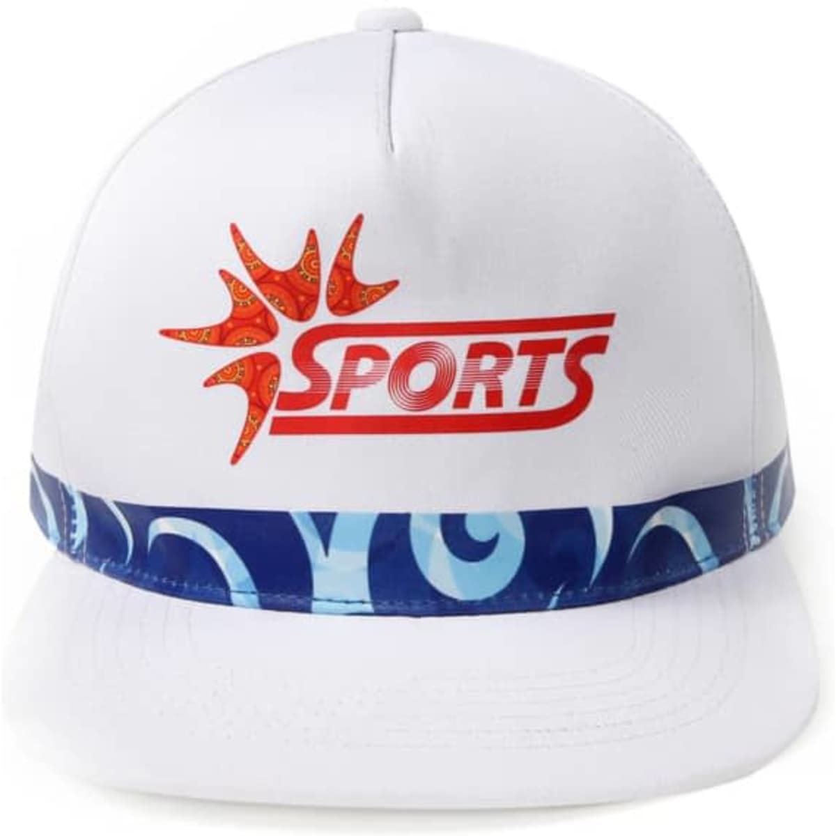 A white cap with a colourful patterned band, featuring a logo on the front.
