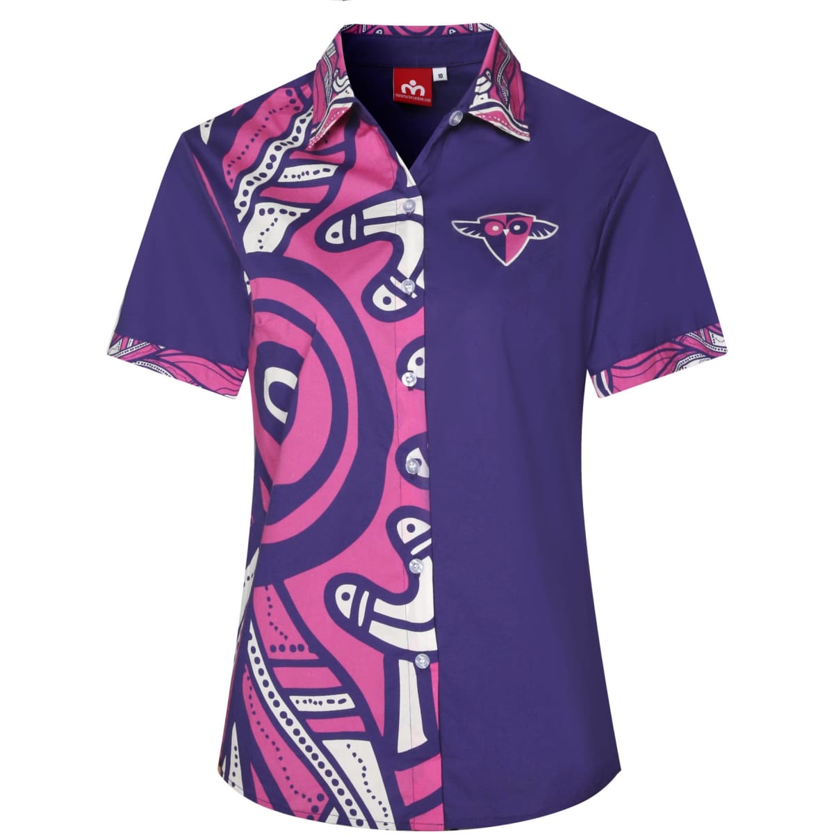 A purple short-sleeve shirt featuring a vibrant pink and patterned design, along with a logo.