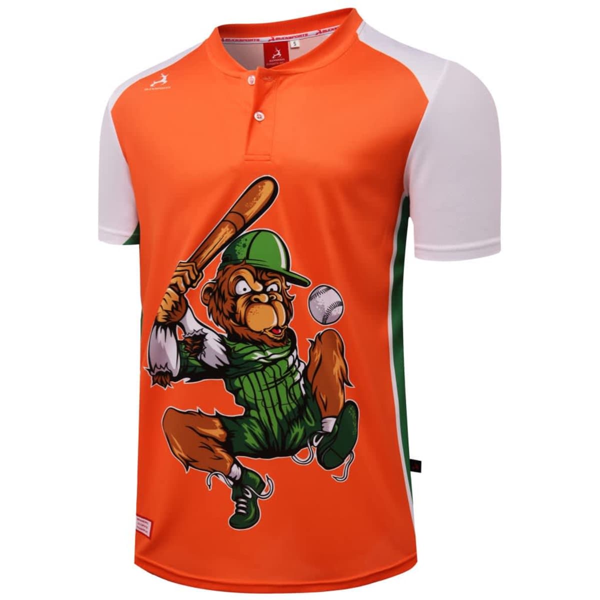 An orange baseball club shirt with short white sleeves and a graphic of a monkey playing baseball.