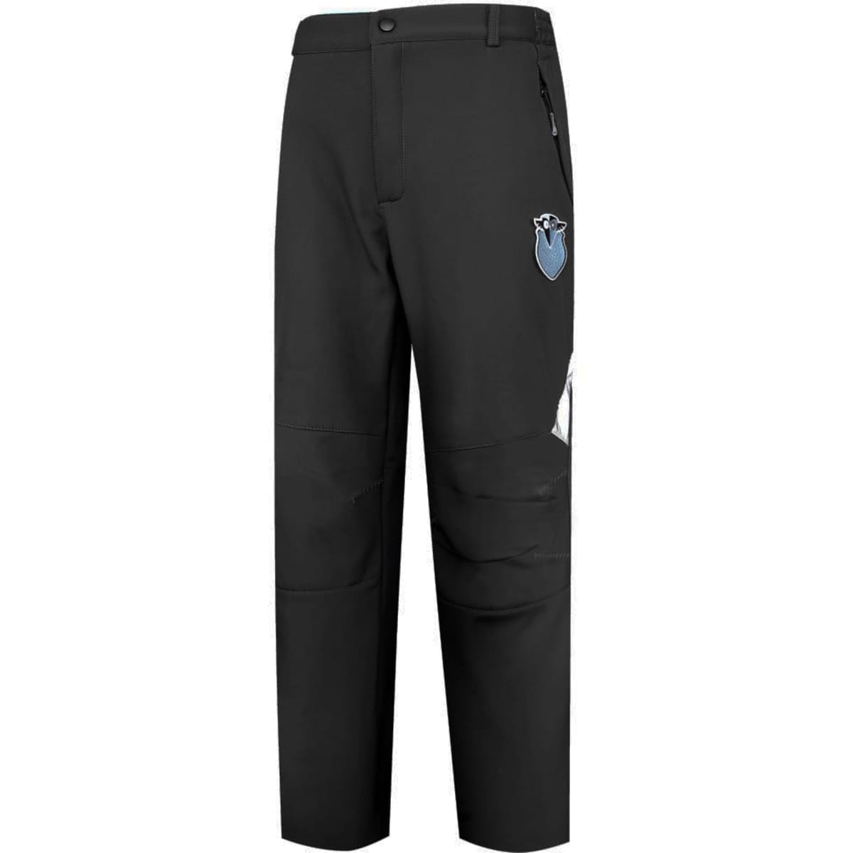 Black softshell pants with a side pocket and a logo on the upper leg.