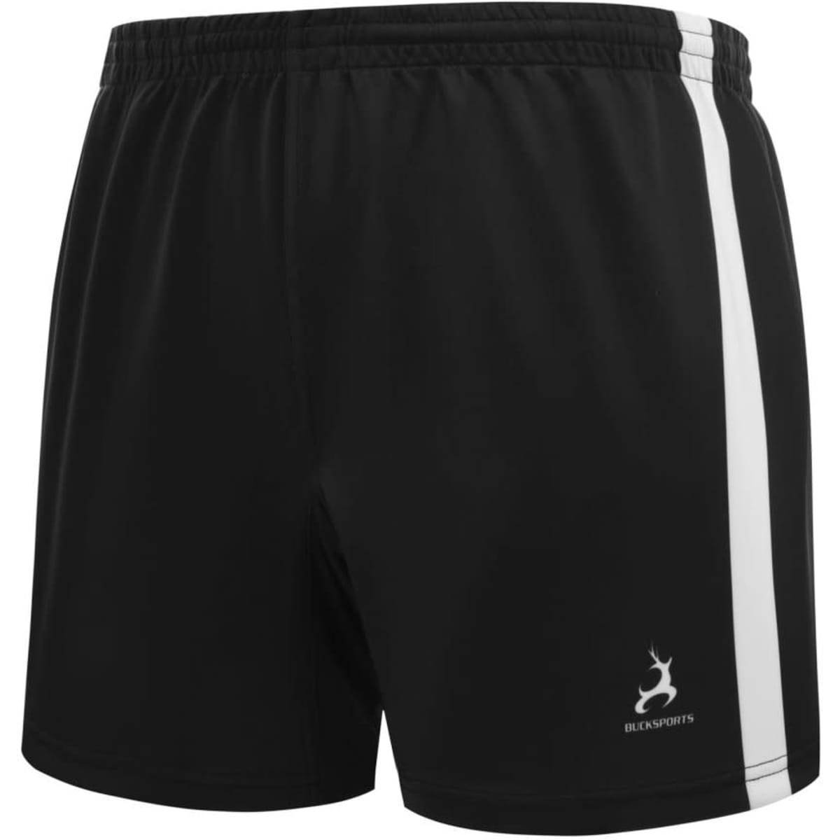 Black rugby shorts with a white stripe and a logo on the lower left side.