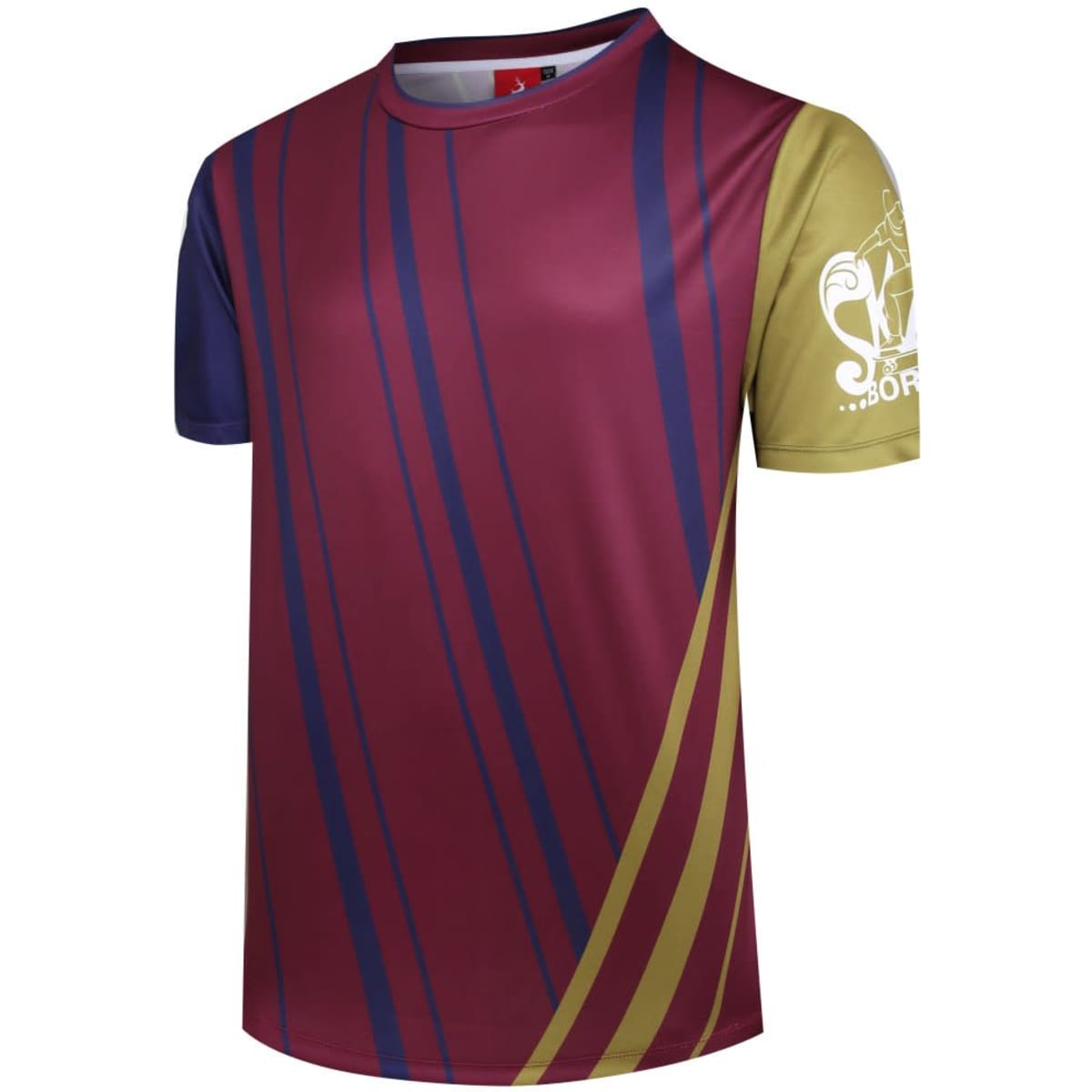 A vibrant maroon and blue skateboard-themed T-shirt with a yellow sleeve and a logo on the front.