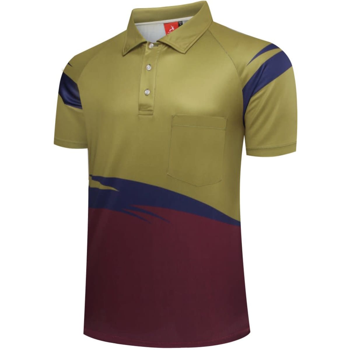 A green and maroon polo shirt featuring a pocket and a logo, with a vibrant design on the sleeves.