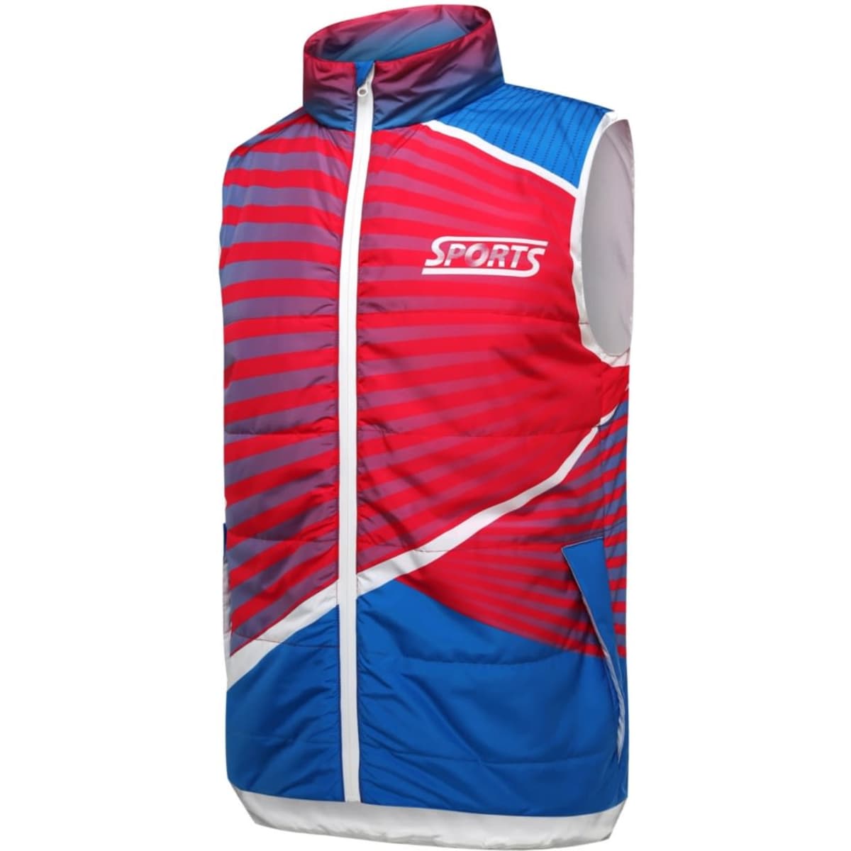 A puffer vest coat in red, blue, and white with a striped pattern and a branded logo. Ideal for winter sports.
