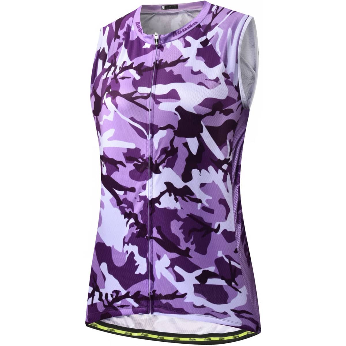 A sleeveless cycling racing vest in purple camouflage pattern with a zip front and branding.