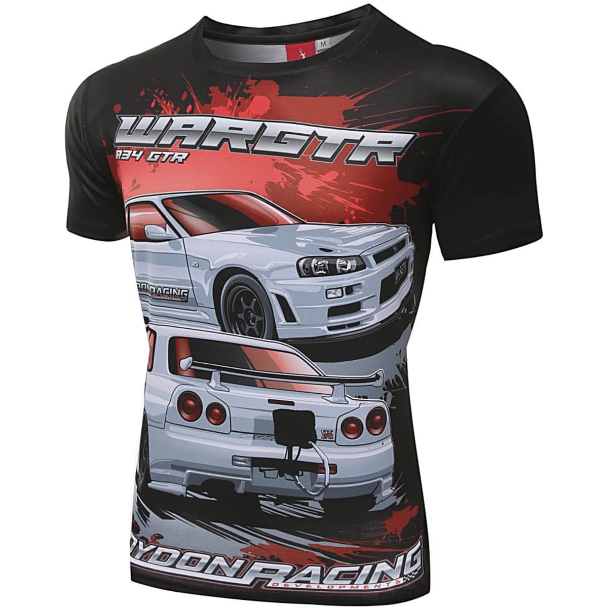 A polyester sublimation racing T-shirt featuring a black design with a graphic of a car. It has a logo on it.