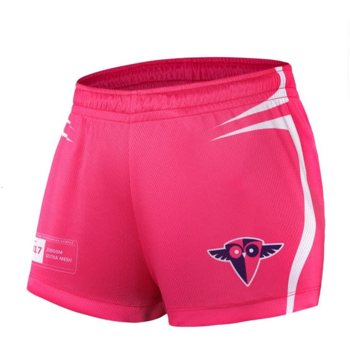 Pink volleyball shorts featuring a logo and white stripe detail.