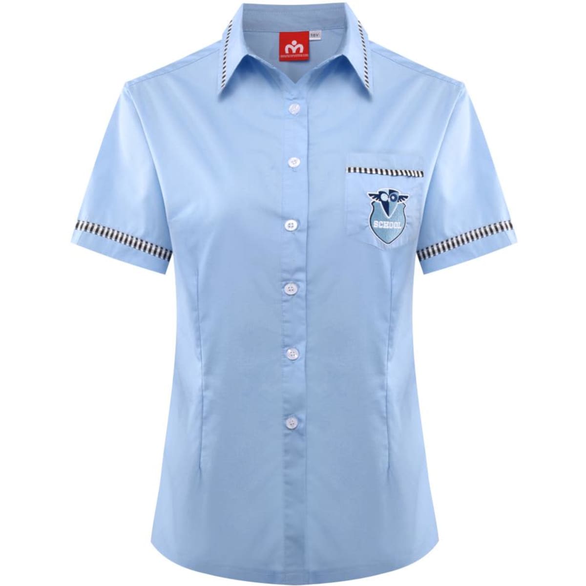 A light blue short-sleeved school shirt with a pocket and a logo, featuring striped detailing on the collar.