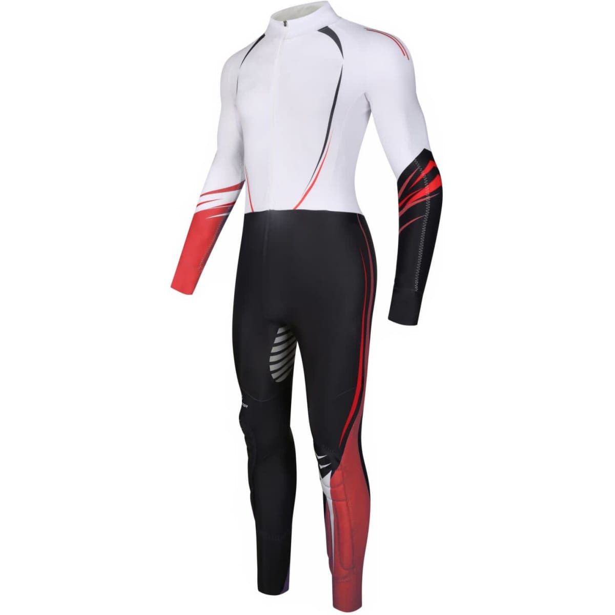 A half cut resistant short track speed skating suit in white, black, and red, featuring a sleek design and logo.