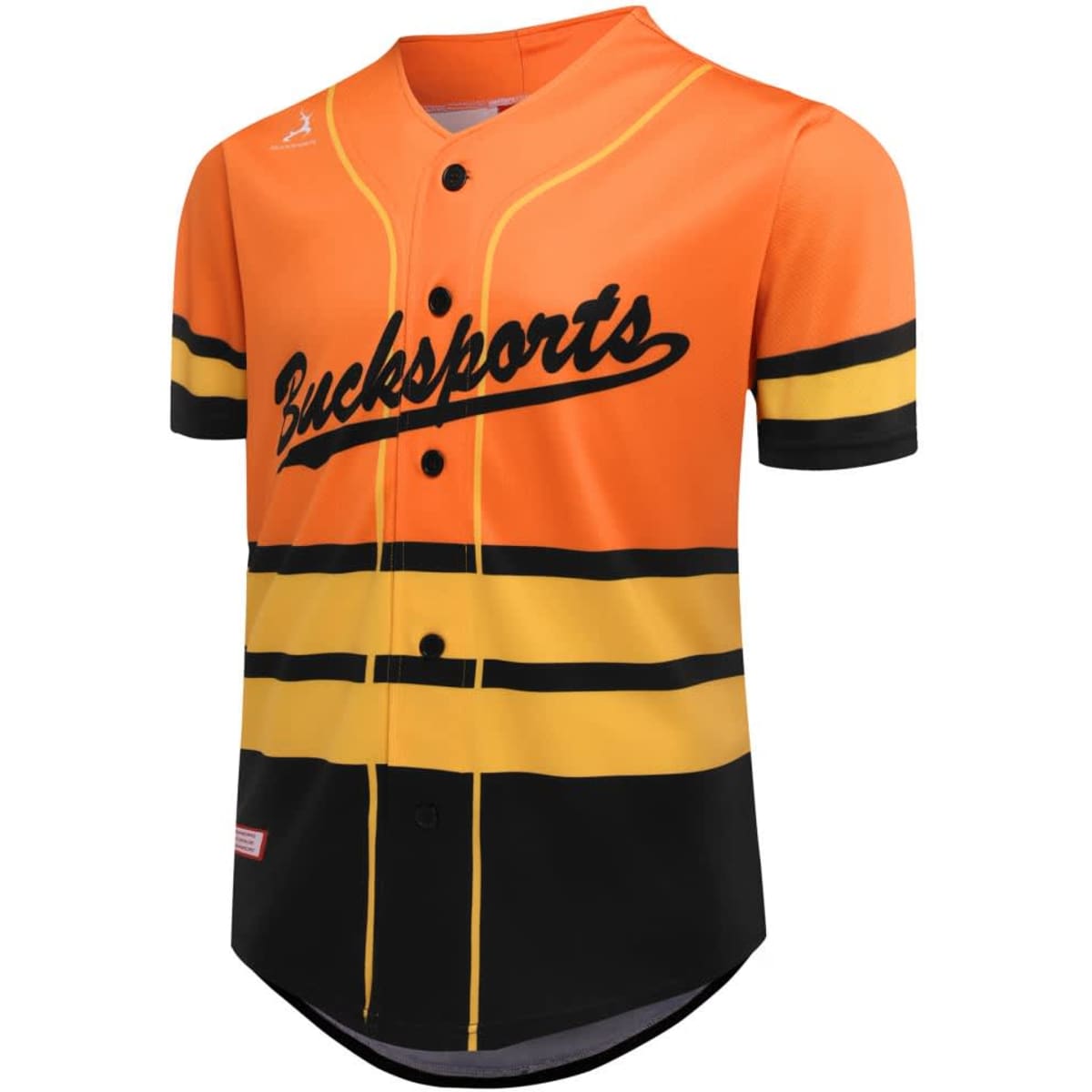 A short-sleeved, full-button baseball tee in orange, black, and yellow, featuring a logo on the front.